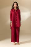 Buy_Ranian_Maroon Silk Blend Embroidery Pearl Collar Cuff High Low Shirt With Flared Pant _Online_at_Aza_Fashions