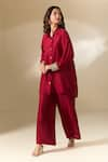 Shop_Ranian_Maroon Silk Blend Embroidery Pearl Collar Cuff High Low Shirt With Flared Pant _Online_at_Aza_Fashions