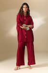 Ranian_Maroon Silk Blend Embroidery Pearl Collar Cuff High Low Shirt With Flared Pant _at_Aza_Fashions