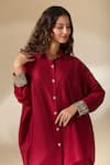 Buy_Ranian_Maroon Silk Blend Embroidery Pearl Collar Cuff High Low Shirt With Flared Pant 