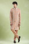 Buy_Aryavir Malhotra_Peach Sherwani Cotton Satin Embroidery Floral Hand With Pyjama _at_Aza_Fashions