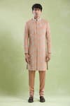 Shop_Aryavir Malhotra_Peach Sherwani Cotton Satin Embroidery Floral Hand With Pyjama _Online_at_Aza_Fashions