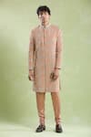 Aryavir Malhotra_Peach Sherwani Cotton Satin Embroidery Floral Hand With Pyjama _at_Aza_Fashions