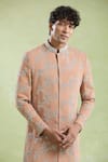 Buy_Aryavir Malhotra_Peach Sherwani Cotton Satin Embroidery Floral Hand With Pyjama 