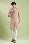 Buy_Aryavir Malhotra_Peach Sherwani Cotton Satin Embroidery Floral With Pyjama _at_Aza_Fashions