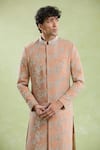 Aryavir Malhotra_Peach Sherwani Cotton Satin Embroidery Floral With Pyjama _Online_at_Aza_Fashions