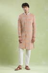 Shop_Aryavir Malhotra_Peach Sherwani Cotton Satin Embroidery Floral With Pyjama _Online_at_Aza_Fashions