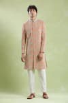 Aryavir Malhotra_Peach Sherwani Cotton Satin Embroidery Floral With Pyjama _at_Aza_Fashions