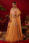 Pooja Bagaria_Gold Natural Satin Linen Embroidered Sequin Floral Vine Ajrakh Print Lehenga Set _Online_at_Aza_Fashions