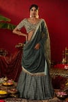 Buy_Pooja Bagaria_Green Natural Satin Linen Embroidered Sequin Vine Ajrakh Print Lehenga Set _at_Aza_Fashions