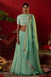 Buy_Pooja Bagaria_Blue Natural Satin Linen Embroidered Floral Blossom Ajrakh Print Lehenga Set _at_Aza_Fashions