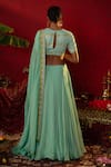 Shop_Pooja Bagaria_Blue Natural Satin Linen Embroidered Floral Blossom Ajrakh Print Lehenga Set _at_Aza_Fashions