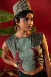 Buy_Pooja Bagaria_Emerald Green Natural Linen Ajrakh Print Crop Top With Solid Draped Skirt _Online_at_Aza_Fashions