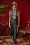 Buy_Pooja Bagaria_Emerald Green Natural Linen Ajrakh Print Crop Top With Solid Draped Skirt _at_Aza_Fashions