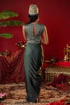 Shop_Pooja Bagaria_Emerald Green Natural Linen Ajrakh Print Crop Top With Solid Draped Skirt _at_Aza_Fashions