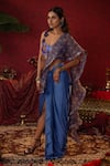 Pooja Bagaria_Blue Natural Satin Linen Waterfall Pre-draped Saree Set With Ruffle Drape _Online_at_Aza_Fashions