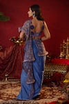 Shop_Pooja Bagaria_Blue Natural Satin Linen Waterfall Pre-draped Saree Set With Ruffle Drape _at_Aza_Fashions