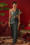 Buy_Pooja Bagaria_Emerald Green Natural Satin Solid Pre-draped Saree Set With Detachable Drape _at_Aza_Fashions