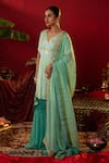 Buy_Pooja Bagaria_Green Natural Satin Linen Floral Ajrakh Print Short Angrakha Anarkali Set _Online_at_Aza_Fashions