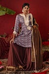 Pooja Bagaria_Blue Natural Satin Linen Printed Gota Notched Jaal Ajrakh Kurta Flared Pant Set _Online_at_Aza_Fashions