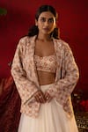 Pooja Bagaria_White Natural Linen Embroidered Sequin Blazer Solid Lehenga Ajrakh Print Set _Online_at_Aza_Fashions