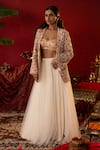 Buy_Pooja Bagaria_White Natural Linen Embroidered Sequin Blazer Solid Lehenga Ajrakh Print Set _at_Aza_Fashions