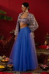 Pooja Bagaria_Blue Natural Linen Embroidered Sequin Solid Lehenga Floral Ajrakh Print Set _Online_at_Aza_Fashions