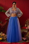 Buy_Pooja Bagaria_Blue Natural Linen Embroidered Sequin Solid Lehenga Floral Ajrakh Print Set _at_Aza_Fashions