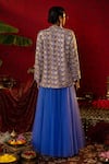 Shop_Pooja Bagaria_Blue Natural Linen Embroidered Sequin Solid Lehenga Floral Ajrakh Print Set _at_Aza_Fashions