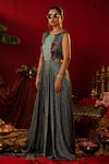 Pooja Bagaria_Emerald Green Natural Linen Embroidered Zari Round Cut-out Ajrakh Print Jumpsuit _Online_at_Aza_Fashions