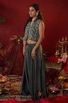 Pooja Bagaria_Emerald Green Natural Linen Embellished Zari Ajrakh Print Short Harem Pant Set _Online_at_Aza_Fashions