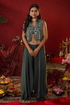 Buy_Pooja Bagaria_Emerald Green Natural Linen Embellished Zari Ajrakh Print Short Harem Pant Set _at_Aza_Fashions