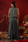 Shop_Pooja Bagaria_Emerald Green Natural Linen Embellished Zari Ajrakh Print Short Harem Pant Set _at_Aza_Fashions