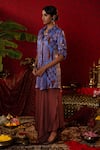 Pooja Bagaria_Blue Natural Tissue Printed Ajrakh Shirt Collar Kurta With Draped Pant _Online_at_Aza_Fashions