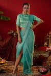 Buy_Pooja Bagaria_Blue Natural Tissue Embellished Metallic Pre-stitched Saree With Striped Blouse _at_Aza_Fashions