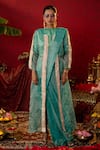 Pooja Bagaria_Blue Natural Tissue Embellished Metallic Pre-stitched Saree Gota Jacket Set _Online_at_Aza_Fashions