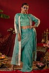 Buy_Pooja Bagaria_Blue Natural Tissue Embellished Metallic Pre-stitched Saree Gota Jacket Set _at_Aza_Fashions