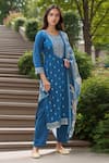 Buy_Samyukta Singhania_Blue Kurta Muslin Jacquard Floral Round Neck Flower Paisley Pattern Pant Set _at_Aza_Fashions