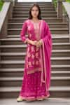 Buy_Samyukta Singhania_Pink Kurta Dola Silk Print Floral Round Neck Bloom Sharara Set _at_Aza_Fashions