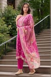 Buy_Samyukta Singhania_Magenta Kurta Muslin Jacquard Floral Round Neck Paisley Yoke Pattern Pant Set _at_Aza_Fashions