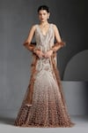 Buy_Chaashni by Maansi and Ketan_Brown Net Embroidered Pearl Blunt V Bead Fishcut Gown With Dupatta _at_Aza_Fashions