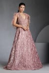 Buy_Chaashni by Maansi and Ketan_Pink Net Embroidered Nalki Gown V Neck Abstract With Cape _Online_at_Aza_Fashions