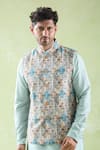 Arihant Rai Sinha_Blue Kurta Banarasi Spun Embroidered Thread Printed Bundi Set _Online_at_Aza_Fashions