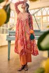 SSHILPA SAMRIYA_Red Kurta Chinnon Chiffon Printed Floral Patchwork Round Neck And Pant Set_at_Aza_Fashions