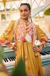 SSHILPA SAMRIYA_Yellow Kurta And Scarf Crepe Printed Floral Daman Round Neck Anarkali Set _Online_at_Aza_Fashions