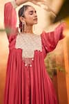 SSHILPA SAMRIYA_Pink Crepe Embroidery Zari Thread Boat Neck Mughal Yoke Anarkali Set _at_Aza_Fashions