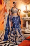 Shop_SSHILPA SAMRIYA_Blue Lehenga Tissue Embroidery Zari Thread Notched Floral Fishcut Set _at_Aza_Fashions