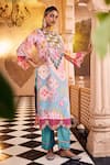 Shop_SSHILPA SAMRIYA_Blue Kurta Crepe Printed Geometric Notched Sequin Embroidered Yoke With Pant _Online_at_Aza_Fashions