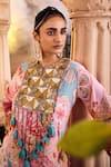 SSHILPA SAMRIYA_Blue Kurta Crepe Printed Geometric Notched Sequin Embroidered Yoke With Pant _at_Aza_Fashions