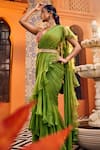 Buy_SSHILPA SAMRIYA_Green Saree Georgette Embroidered Sequin V-neck Ruffle Pre-draped With Blouse _Online_at_Aza_Fashions